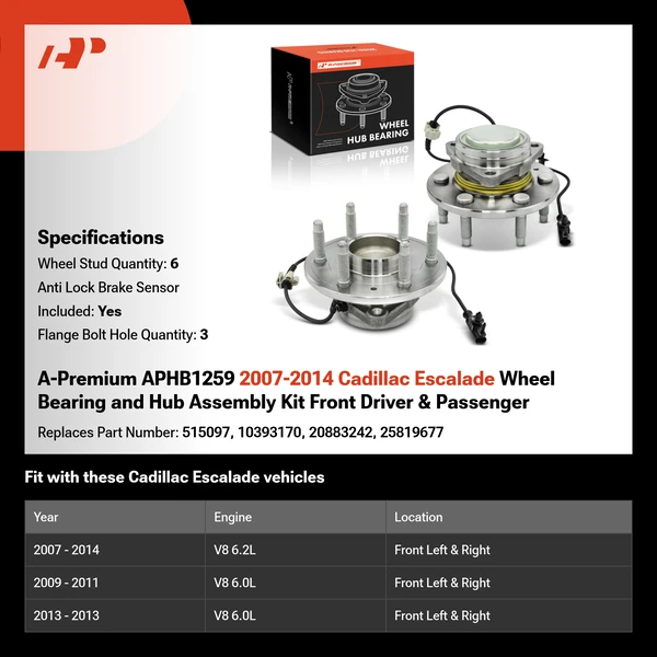A-Premium APHB1259 2007-2014 Cadillac Escalade Wheel Bearing and Hub Assembly Kit Front Driver & Passenger