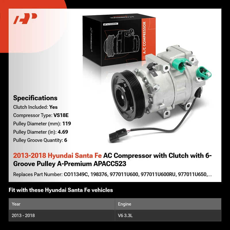2013-2018 Hyundai Santa Fe AC Compressor with Clutch with 6-Groove Pulley A-Premium APACC523