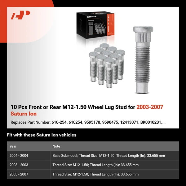 10 Pcs Front or Rear M12-1.50 Wheel Lug Stud for 2003-2007 Saturn Ion