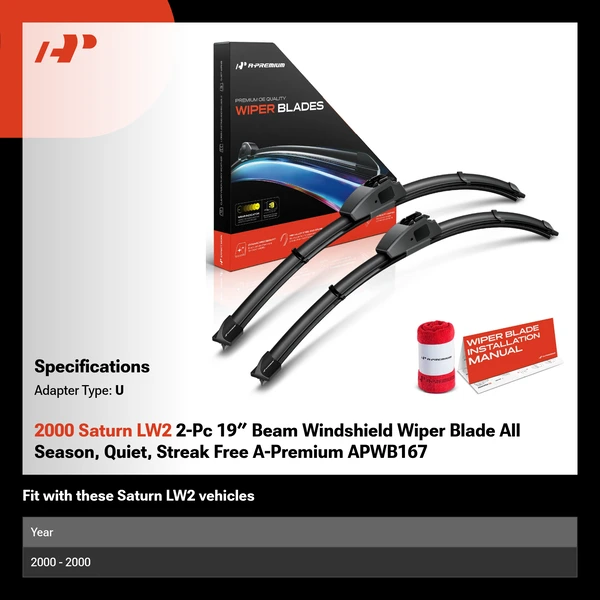 2000 Saturn LW2 2-Pc 19″ Beam Windshield Wiper Blade All Season, Quiet, Streak Free A-Premium APWB167