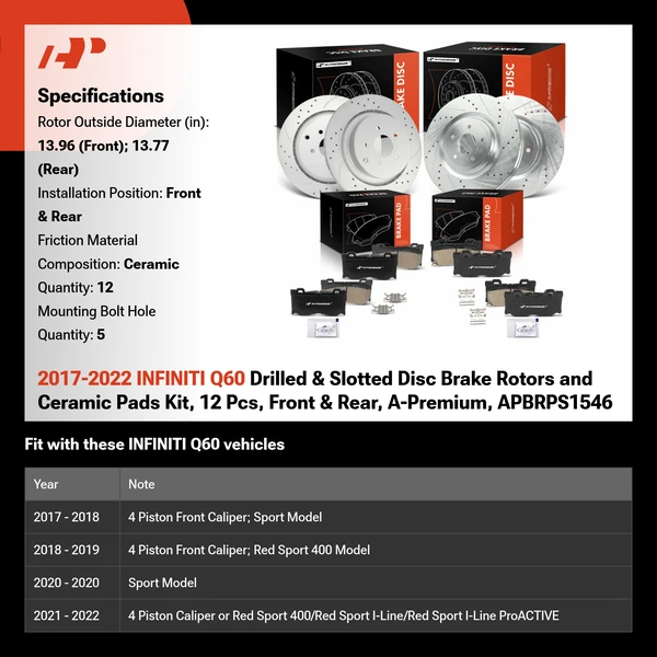 2017-2022 INFINITI Q60 Drilled & Slotted Disc Brake Rotors and Ceramic Pads Kit, 12 Pcs, Front & Rear, A-Premium, APBRPS1546