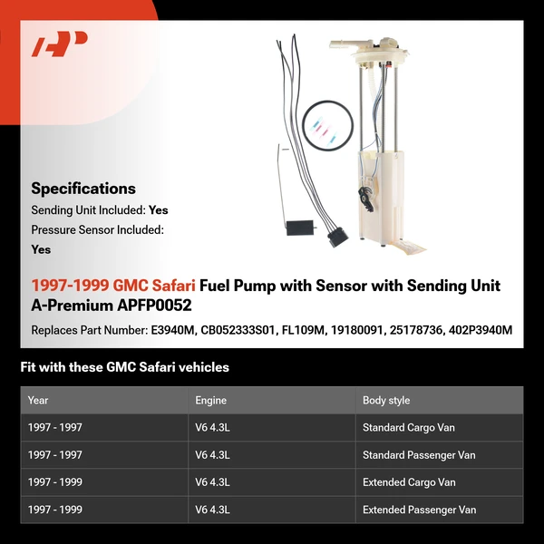 1997-1999 GMC Safari Fuel Pump with Sensor with Sending Unit A-Premium APFP0052