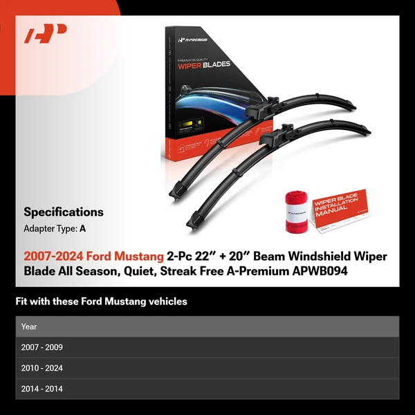 2007-2024 Ford Mustang 2-Pc 22″ + 20″ Beam Windshield Wiper Blade All Season, Quiet, Streak Free A-Premium APWB094