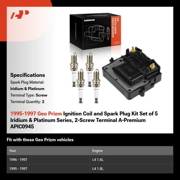 1995-1997 Geo Prizm Ignition Coil and Spark Plug Kit Set of 5 Iridium & Platinum Series, 2-Screw Terminal A-Premium APIC0945