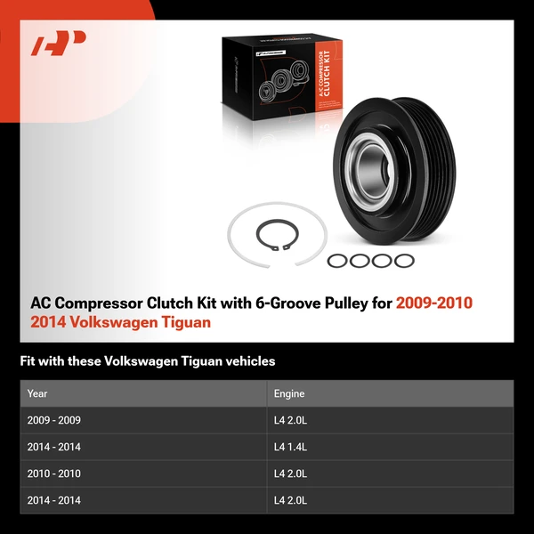 AC Compressor Clutch Kit with 6-Groove Pulley for 2009-2010 2014 Volkswagen Tiguan