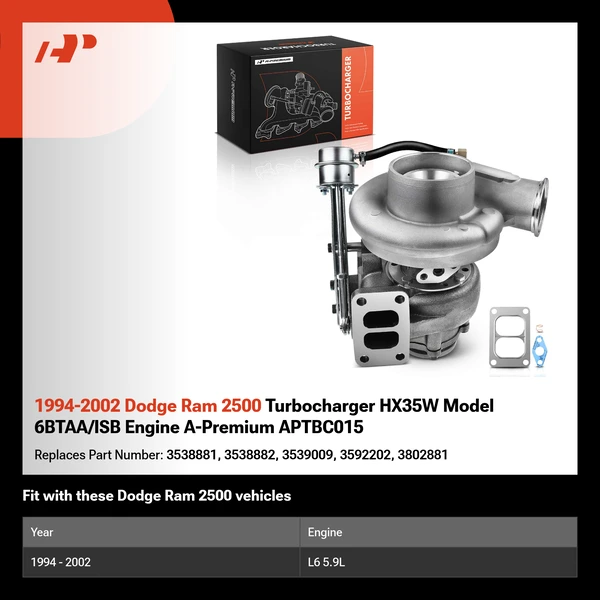 1994-2002 Dodge Ram 2500 Turbocharger HX35W Model 6BTAA/ISB Engine A-Premium APTBC015