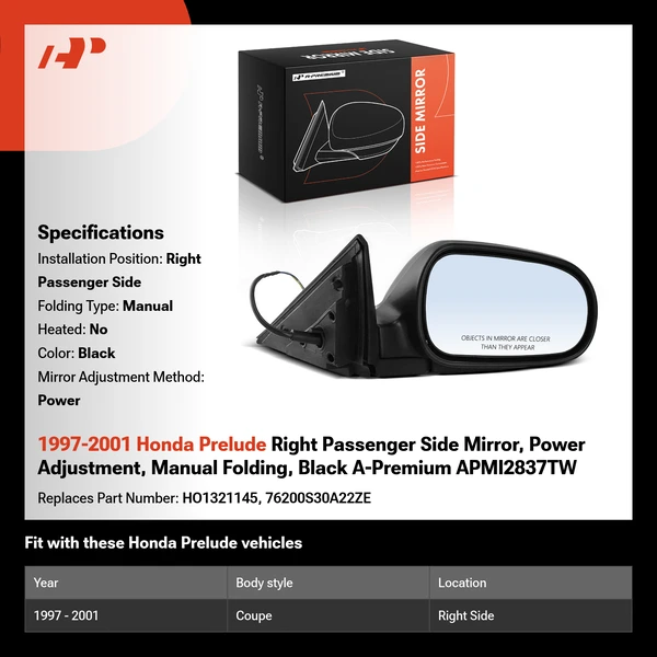 1997-2001 Honda Prelude Right Passenger Side Mirror, Power Adjustment, Manual Folding, Black A-Premium APMI2837TW