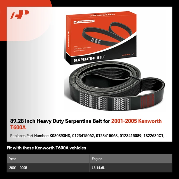 89.28 inch Heavy Duty Serpentine Belt for 2001-2005 Kenworth T600A