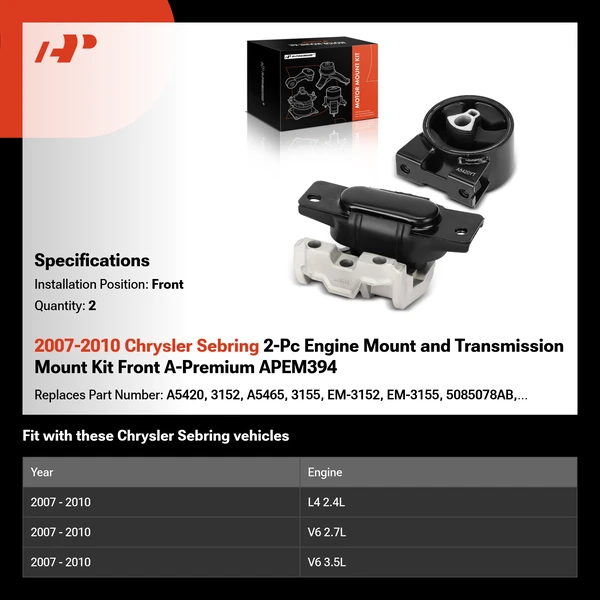 2007-2010 Chrysler Sebring 2-Pc Engine Mount and Transmission Mount Kit Front A-Premium APEM394