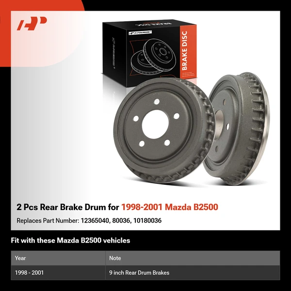 2 Pcs Rear Brake Drum for 1998-2001 Mazda B2500