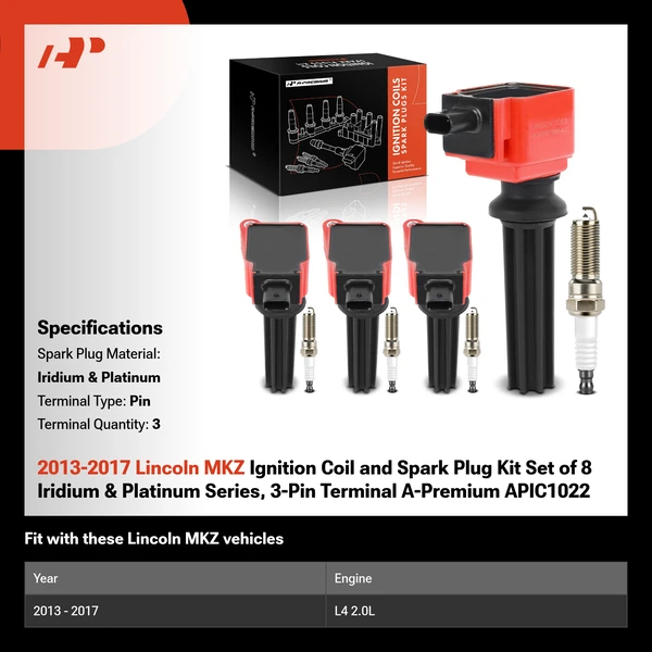 2013-2017 Lincoln MKZ Ignition Coil and Spark Plug Kit Set of 8 Iridium & Platinum Series, 3-Pin Terminal A-Premium APIC1022
