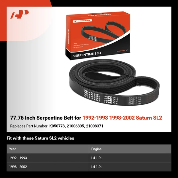 77.76 Inch Serpentine Belt for 1992-1993 1998-2002 Saturn SL2