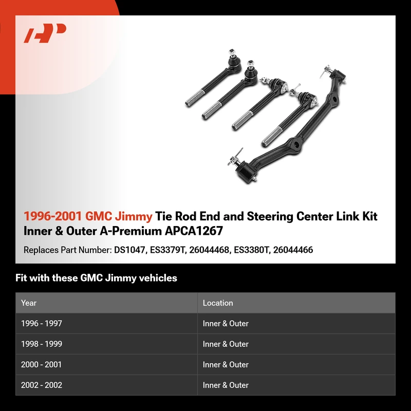 1996-2001 GMC Jimmy Tie Rod End and Steering Center Link Kit Inner & Outer A-Premium APCA1267