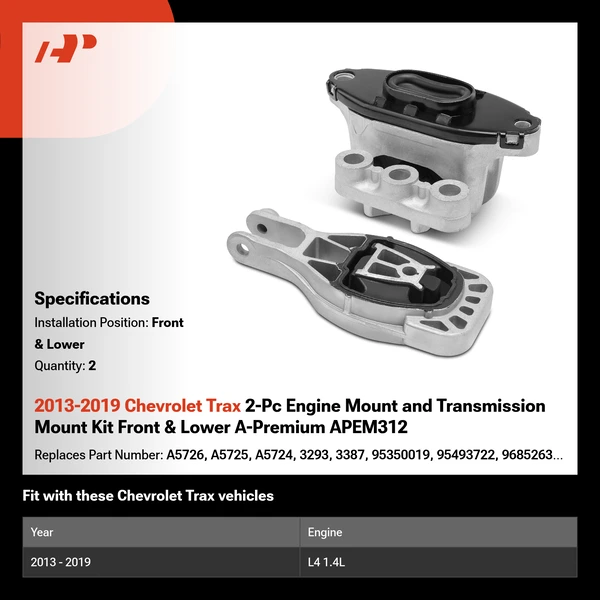 2013-2019 Chevrolet Trax 2-Pc Engine Mount and Transmission Mount Kit Front & Lower A-Premium APEM312