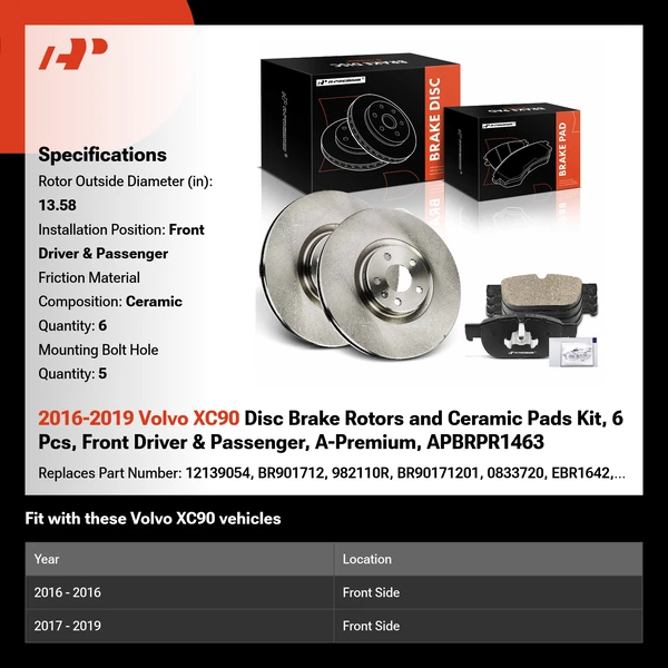 2016-2019 Volvo XC90 Disc Brake Rotors and Ceramic Pads Kit, 6 Pcs, Front Driver & Passenger, A-Premium, APBRPR1463