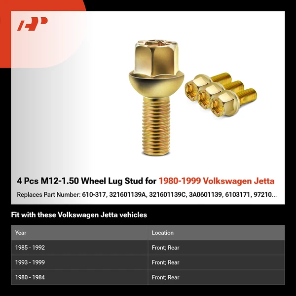 4 Pcs M12-1.50 Wheel Lug Stud for 1980-1999 Volkswagen Jetta