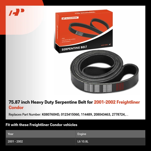 75.87 inch Heavy Duty Serpentine Belt for 2001-2002 Freightliner Condor