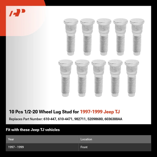 10 Pcs 1/2-20 Wheel Lug Stud for 1997-1999 Jeep TJ