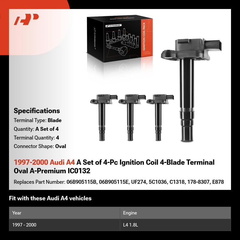 1997-2000 Audi A4 A Set of 4-Pc Ignition Coil 4-Blade Terminal Oval A-Premium IC0132