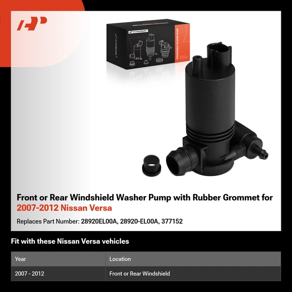 Front or Rear Windshield Washer Pump with Rubber Grommet for 2007-2012 Nissan Versa