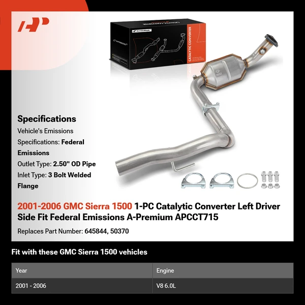 2001-2006 GMC Sierra 1500 1-PC Catalytic Converter Left Driver Side Fit Federal Emissions A-Premium APCCT715