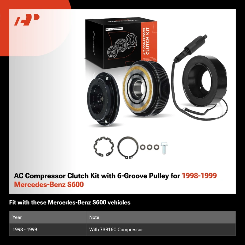 AC Compressor Clutch Kit with 6-Groove Pulley for 1998-1999 Mercedes-Benz S600