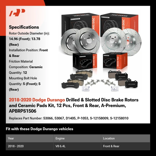 2018-2020 Dodge Durango Drilled & Slotted Disc Brake Rotors and Ceramic Pads Kit, 12 Pcs, Front & Rear, A-Premium, APBRPS1506