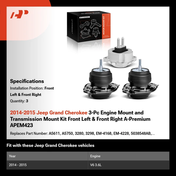 2014-2015 Jeep Grand Cherokee 3-Pc Engine Mount and Transmission Mount Kit Front Left & Front Right A-Premium APEM423