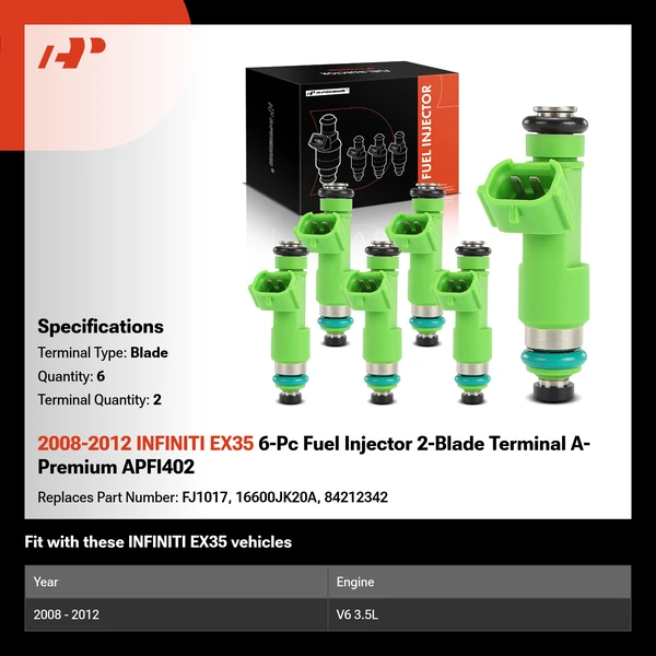 2008-2012 INFINITI EX35 6-Pc Fuel Injector 2-Blade Terminal A-Premium APFI402