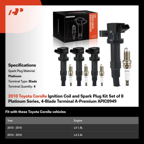 2010 Toyota Corolla Ignition Coil and Spark Plug Kit Set of 8 Platinum Series, 4-Blade Terminal A-Premium APIC0949