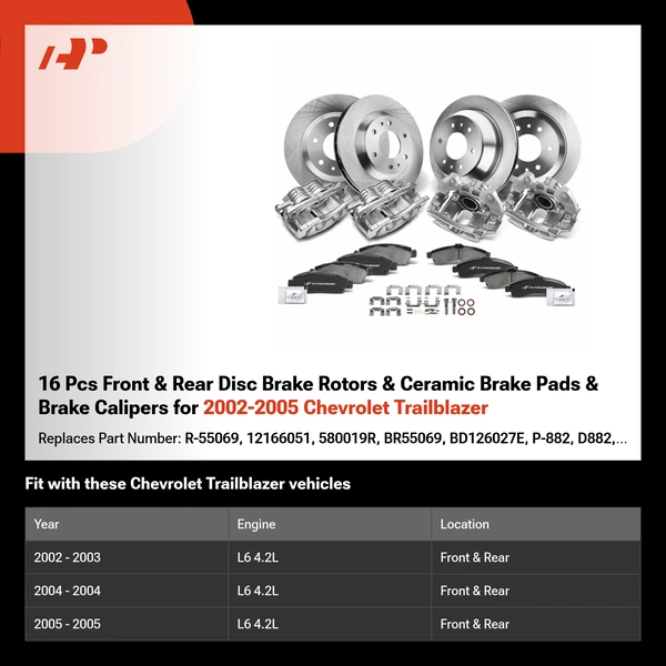 16 Pcs Front & Rear Disc Brake Rotors & Ceramic Brake Pads & Brake Calipers for 2002-2005 Chevrolet Trailblazer
