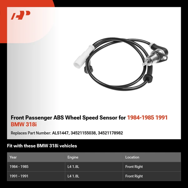 Front Passenger ABS Wheel Speed Sensor for 1984-1985 1991 BMW 318i