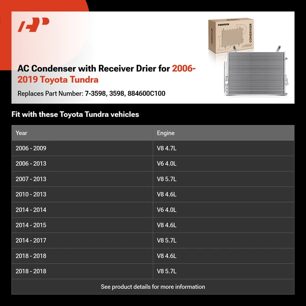 AC Condenser with Receiver Drier for 2006-2019 Toyota Tundra