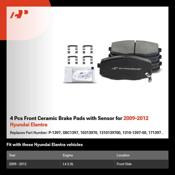 4 Pcs Front Ceramic Brake Pads with Sensor for 2009-2012 Hyundai Elantra