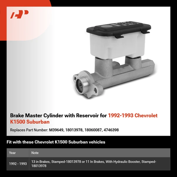 Brake Master Cylinder with Reservoir for 1992-1993 Chevrolet K1500 Suburban
