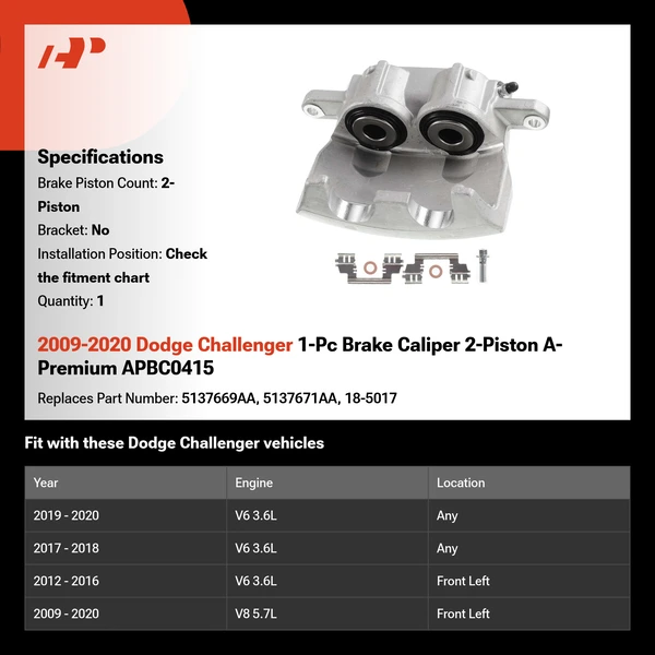 2009-2020 Dodge Challenger 1-Pc Brake Caliper 2-Piston A-Premium APBC0415