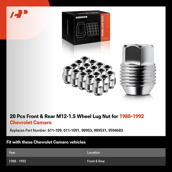 20 Pcs Front & Rear M12-1.5 Wheel Lug Nut for 1988-1992 Chevrolet Camaro