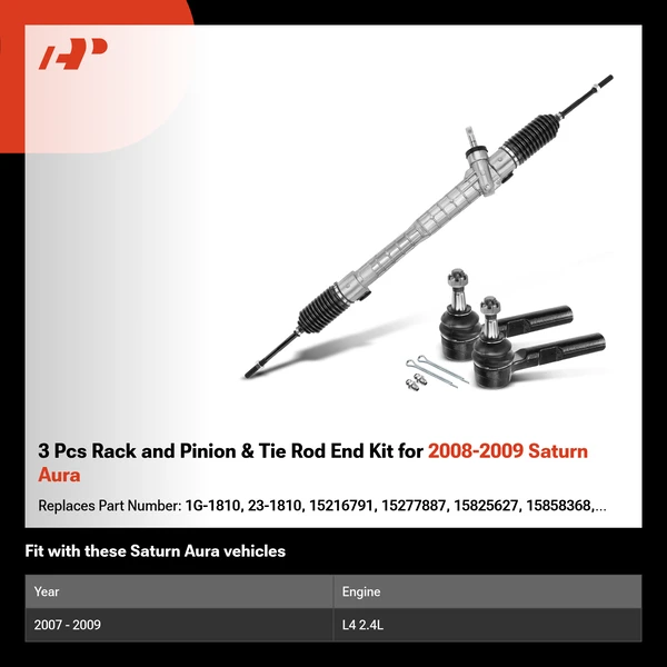 3 Pcs Rack and Pinion & Tie Rod End Kit for 2008-2009 Saturn Aura