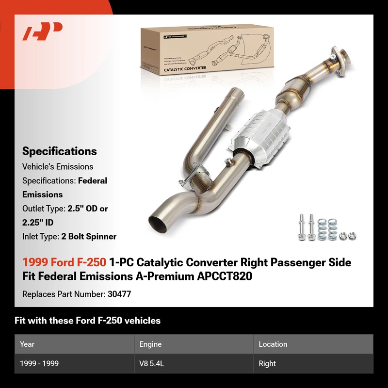 1999 Ford F-250 1-PC Catalytic Converter Right Passenger Side Fit Federal Emissions A-Premium APCCT820