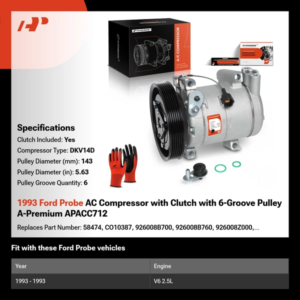 1993 Ford Probe AC Compressor with Clutch with 6-Groove Pulley A-Premium APACC712