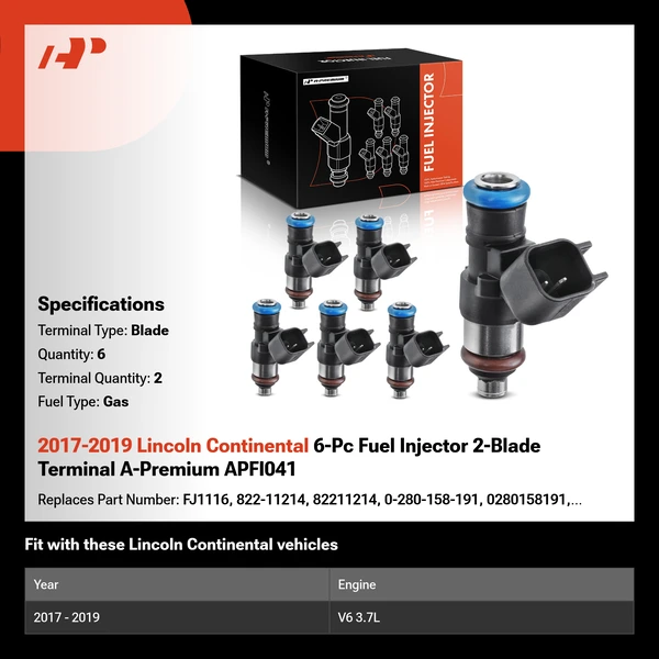 2017-2019 Lincoln Continental 6-Pc Fuel Injector 2-Blade Terminal A-Premium APFI041