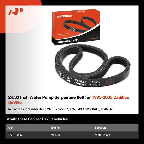 24.33 Inch Water Pump Serpentine Belt for 1995-2005 Cadillac DeVille
