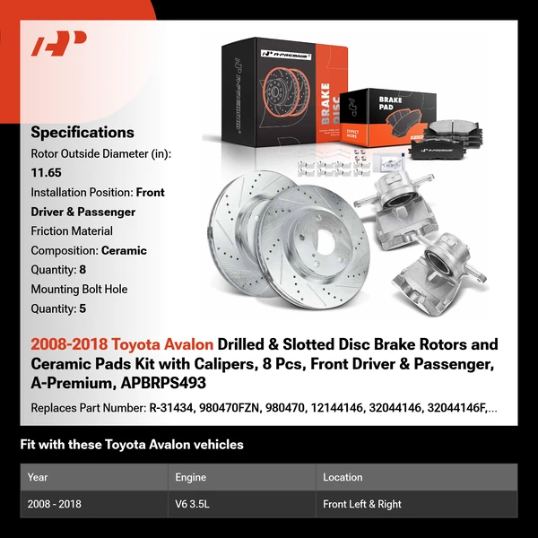2008-2018 Toyota Avalon Drilled & Slotted Disc Brake Rotors and Ceramic Pads Kit with Calipers, 8 Pcs, Front Driver & Passenger, A-Premium, APBRPS493