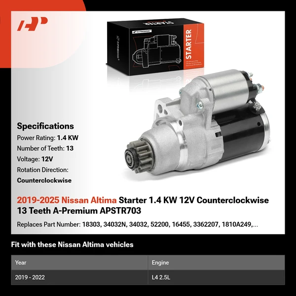 2019-2025 Nissan Altima Starter 1.4 KW 12V Counterclockwise 13 Teeth A-Premium APSTR703