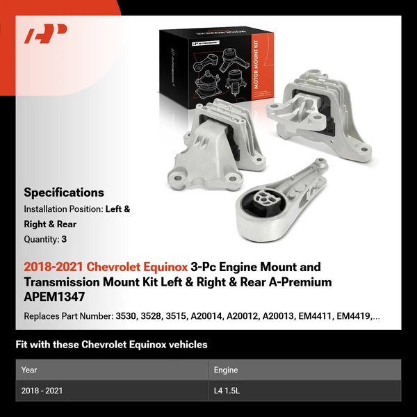 2018-2021 Chevrolet Equinox 3-Pc Engine Mount and Transmission Mount Kit Left & Right & Rear A-Premium APEM1347