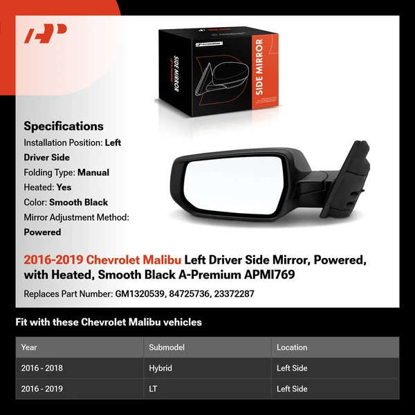 2016-2019 Chevrolet Malibu Left Driver Side Mirror, Powered, with Heated, Smooth Black A-Premium APMI769