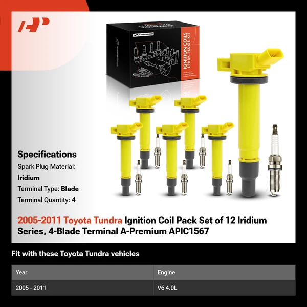 2005-2011 Toyota Tundra Ignition Coil Pack Set of 12 Iridium Series, 4-Blade Terminal A-Premium APIC1567