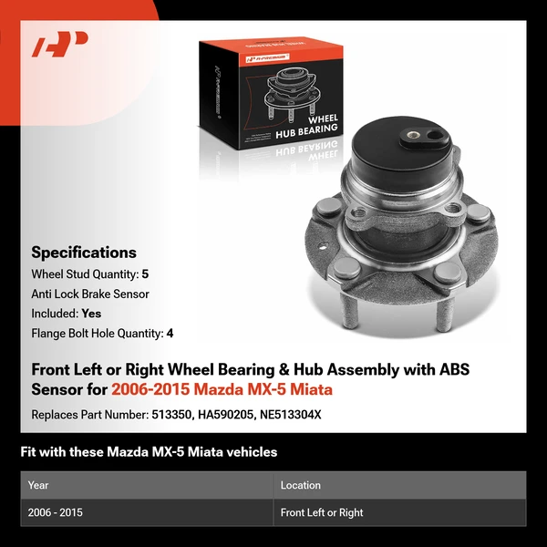 Front Left or Right Wheel Bearing & Hub Assembly with ABS Sensor for 2006-2015 Mazda MX-5 Miata
