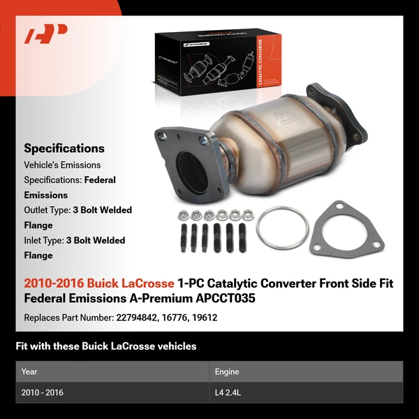 2010-2016 Buick LaCrosse 1-PC Catalytic Converter Front Side Fit Federal Emissions A-Premium APCCT035