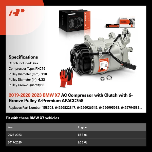 2019-2020 2023 BMW X7 AC Compressor with Clutch with 6-Groove Pulley A-Premium APACC758